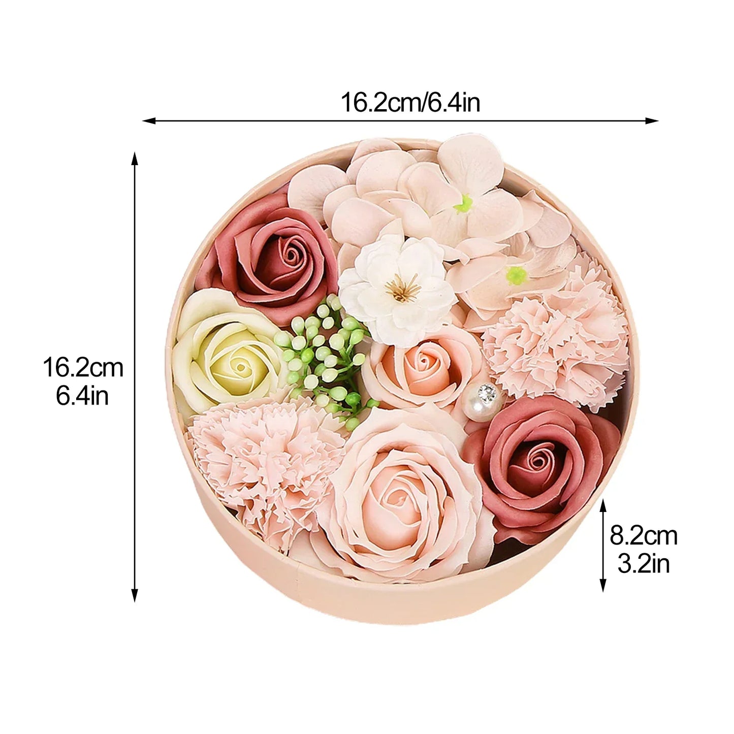 Non-Withered Soap Flower Small Round Box Decoration Set - Big Pink Simulation Flowers